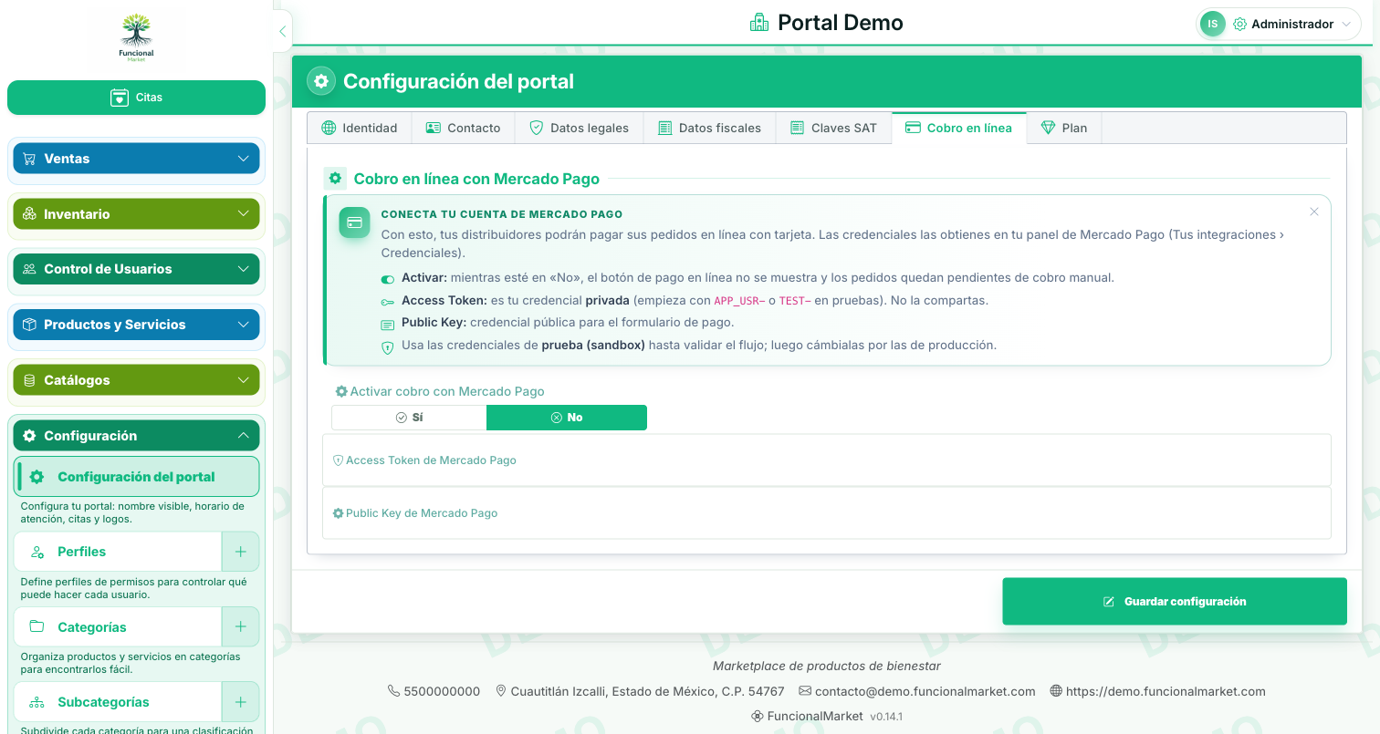 Configuración del portal con sus pestañas