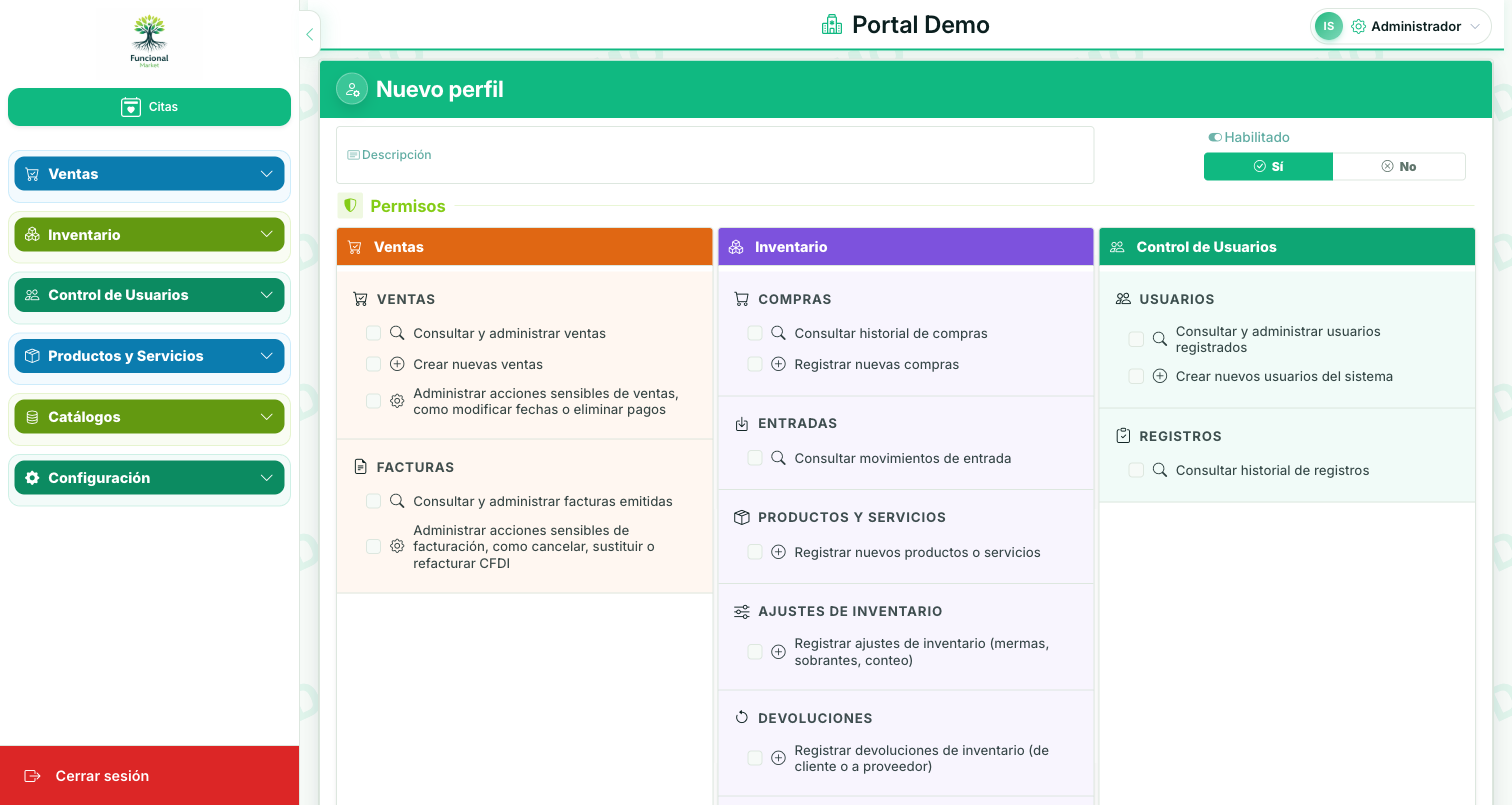 Editor de perfil con los permisos agrupados por módulo